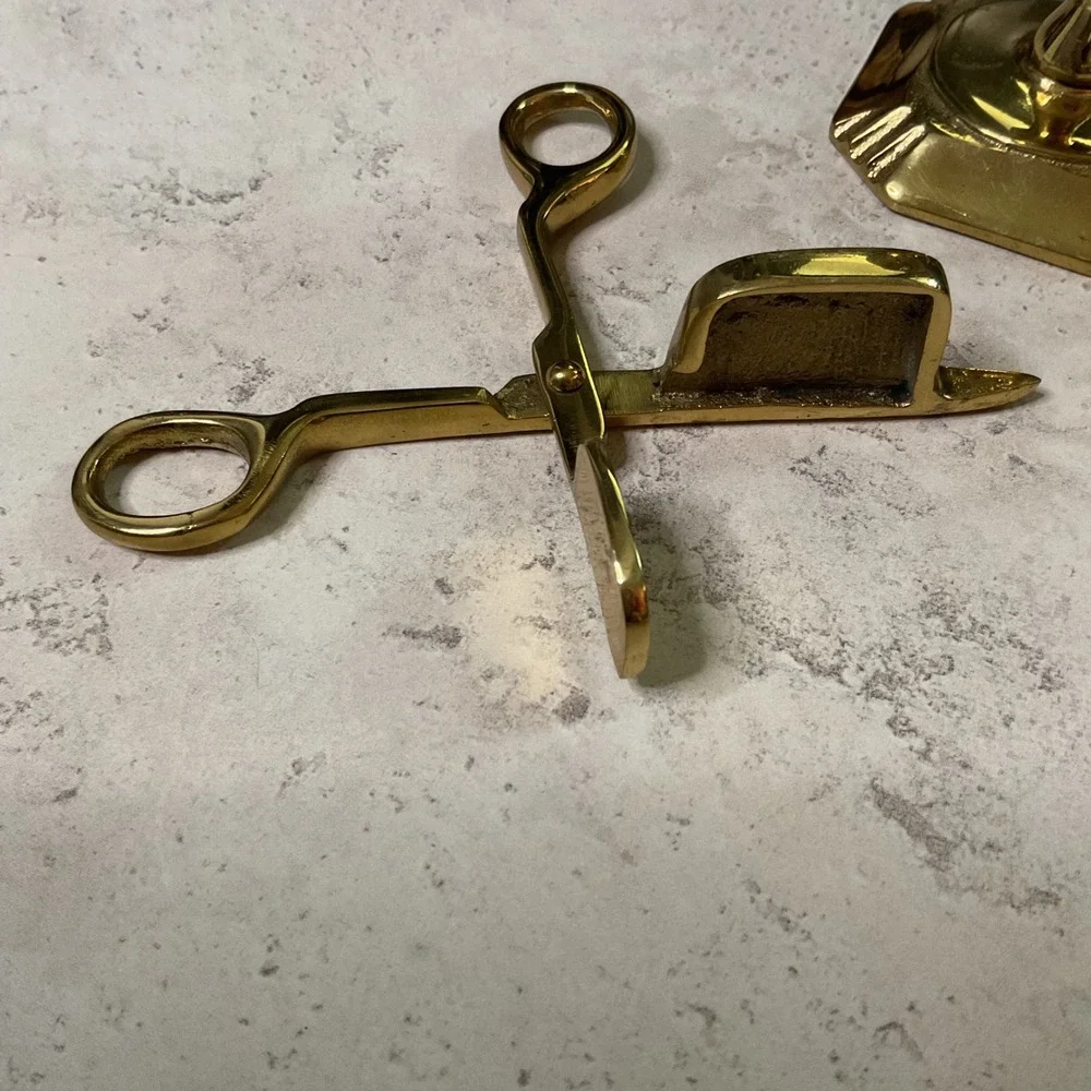 Vintage Solid Brass Candle Wick Snuffer Trimmer Scissor with Stand Made England